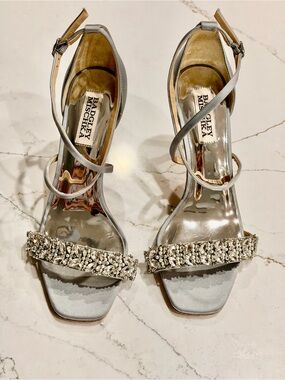 Badgley Mischka Nala Curvy Stiletto Silver Crystal Strappy Heels size 6.5